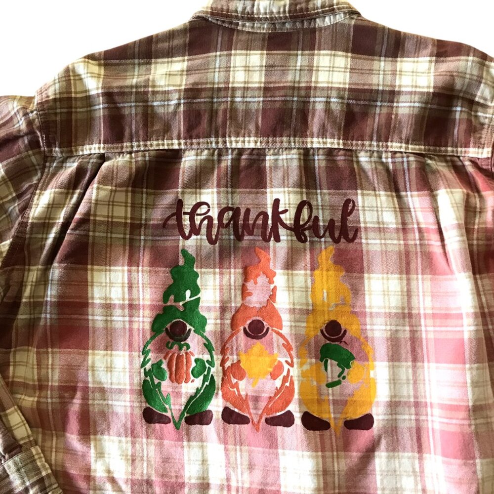 Ombre Bleached Flannel Shirt Upcycled, Painted Thankful Gnomes Plus Size XL